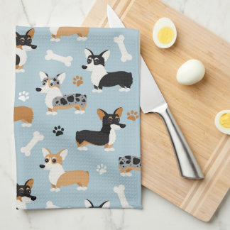 Corgi Pattern Blue Tea Towel