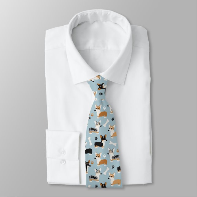 Corgi Pattern Blue Tie (Tied)