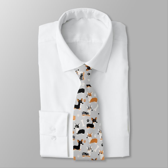 Corgi Pattern Grey Tie (Tied)