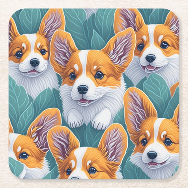 Corgi pattern square paper coaster (Front)