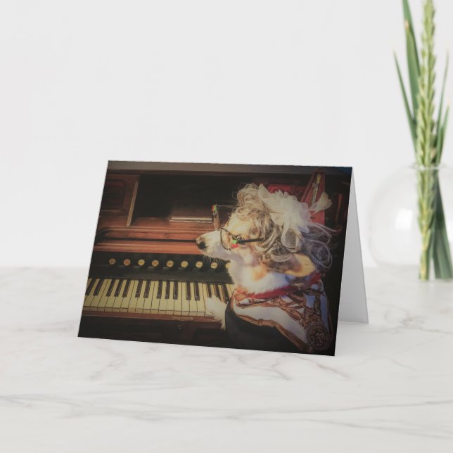 Corgi Playing the Organ birthday greeting card (Front)