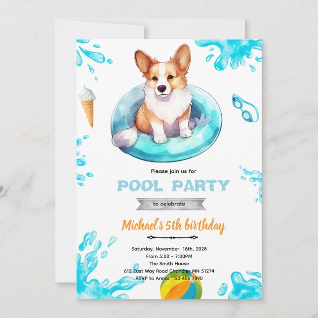 Corgi pool party Invite (Front)