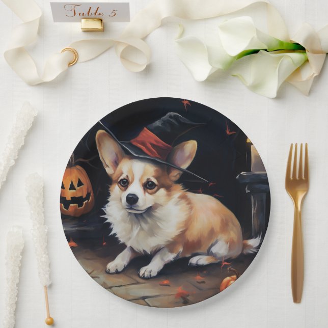 Corgi Pumpkins Halloween Scary Paper Plate (Wedding)