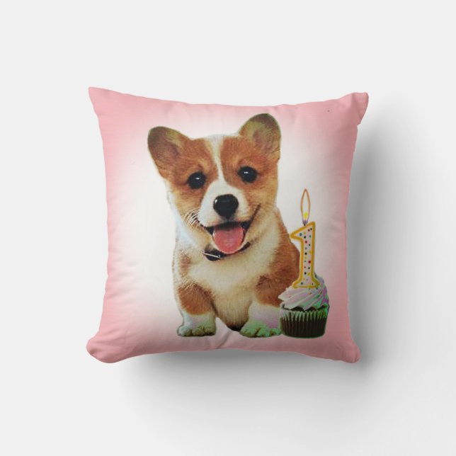 Corgi puppy and first birthday cupcake cushion (Front)