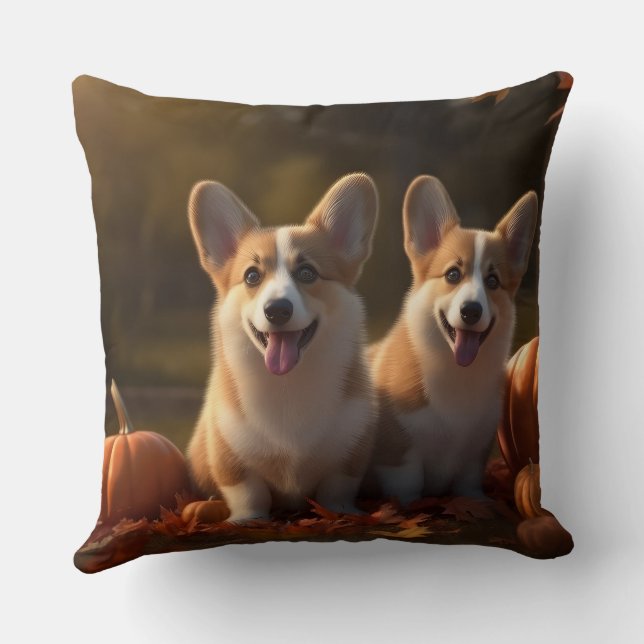 Corgi  Puppy Autumn Delight Pumpkin  Cushion (Back)