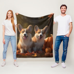 Corgi  Puppy Autumn Delight Pumpkin  Fleece Blanket