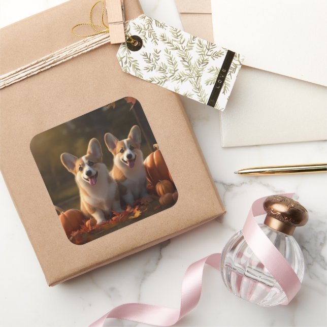 Corgi  Puppy Autumn Delight Pumpkin  Square Sticker (Gifting)
