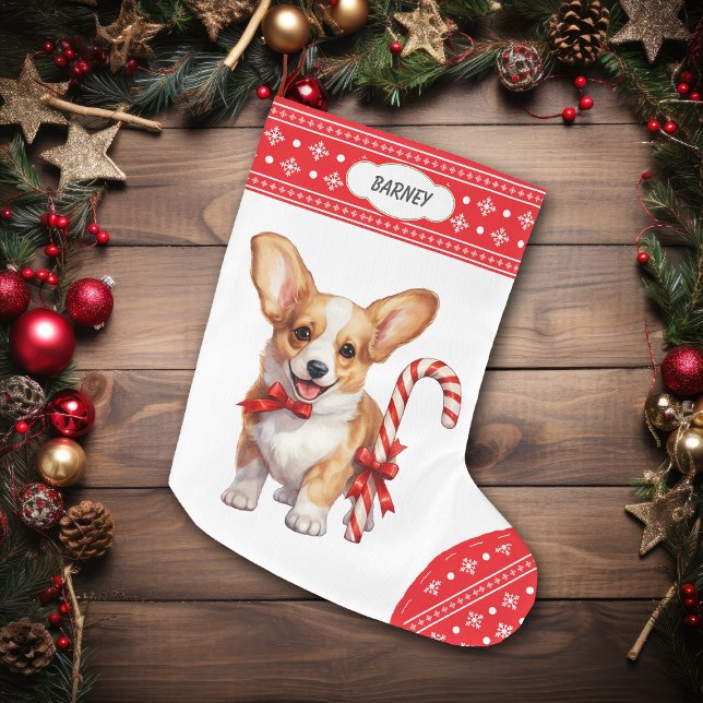 Corgi Puppy Candy Cane Snowflake Border Large Christmas Stocking (Creator Uploaded)
