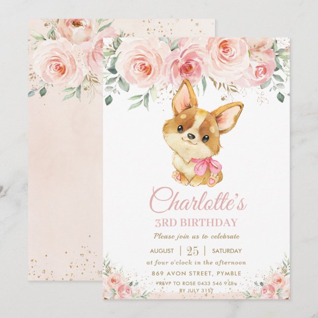 Corgi Puppy Dog Blush Pink Floral Girl Birthday Invitation (Front/Back)