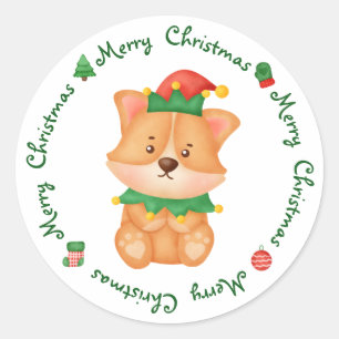 Corgi Puppy Dog Cute Elf Festive Merry Christmas Classic Round Sticker