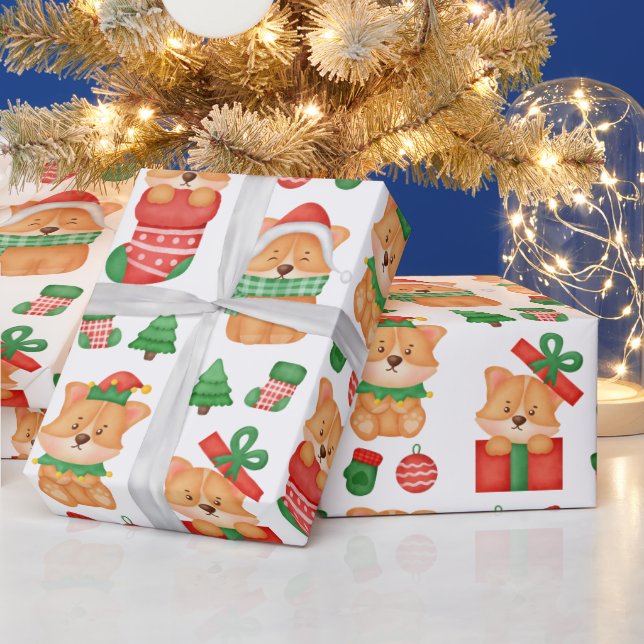 Corgi Puppy Dog Cute Festive Elf Santa Christmas  Wrapping Paper (Holidays)