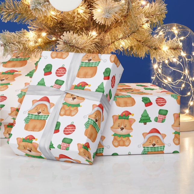 Corgi Puppy Dog Elf Santa Festive Merry Christmas  Wrapping Paper (Holidays)