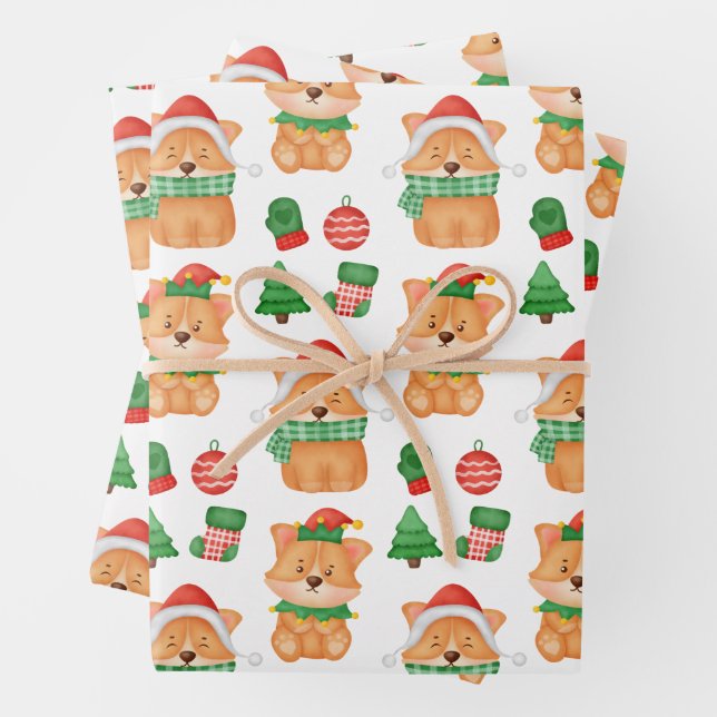 Corgi Puppy Dog Elf Santa Festive Merry Christmas  Wrapping Paper Sheet (In situ)