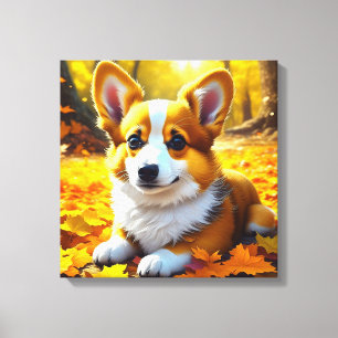 Corgi Puppy Dog Playing in Fall Leaves Canvas Print