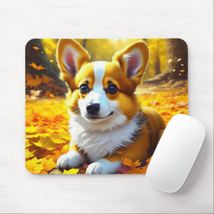 Corgi Puppy Dog Playing in Fall Leaves Mouse Mat