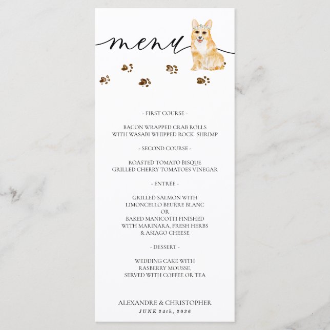 Corgi puppy Dog Wedding Party Menu (Front)