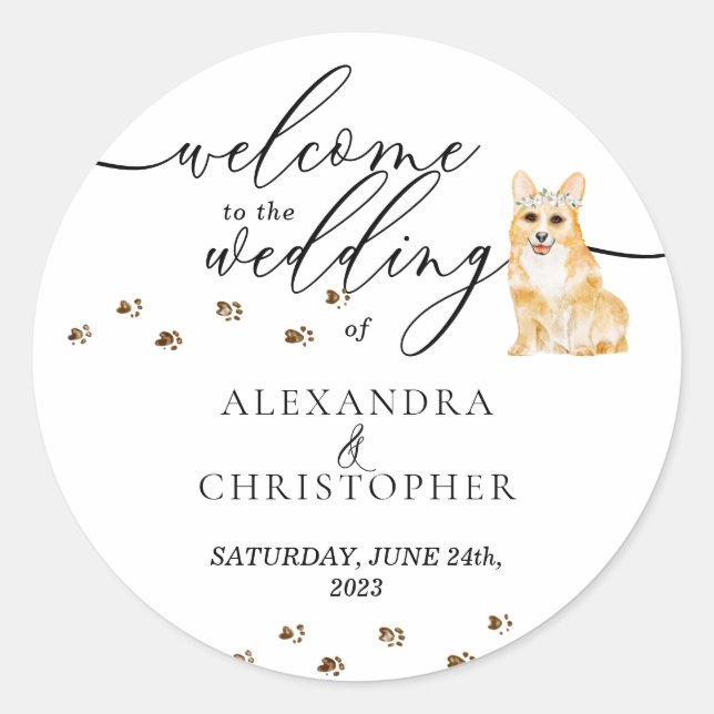 Corgi puppy Dog Wedding Welcome Classic Round Sticker (Front)