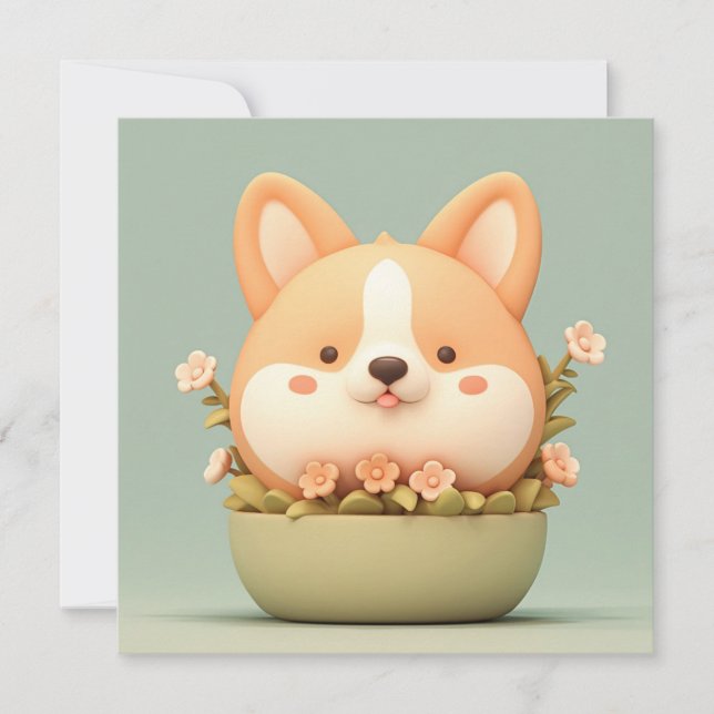 Corgi Puppy in Cute 3D Clay Floral Bowl Postcard (Front)