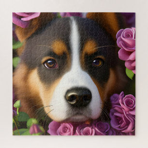 Corgi Puppy in purple roses  Jigsaw Puzzle
