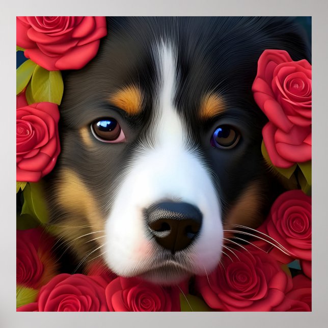 Corgi Puppy in red roses Poster (Front)