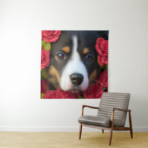 Corgi Puppy in red roses Tapestry