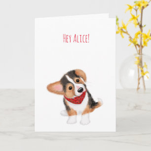 Corgi puppy thinking of you personalised card