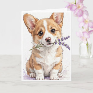Corgi puppy with a stem of lavender card