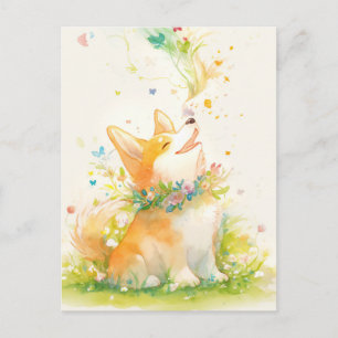 Corgi Puppy with Flower Collar and Butterflies Postcard