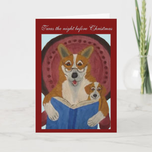 Corgi reading Christmas Story to Puppy Card