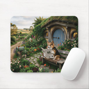 Corgi reading local newspaper in garden mouse mat