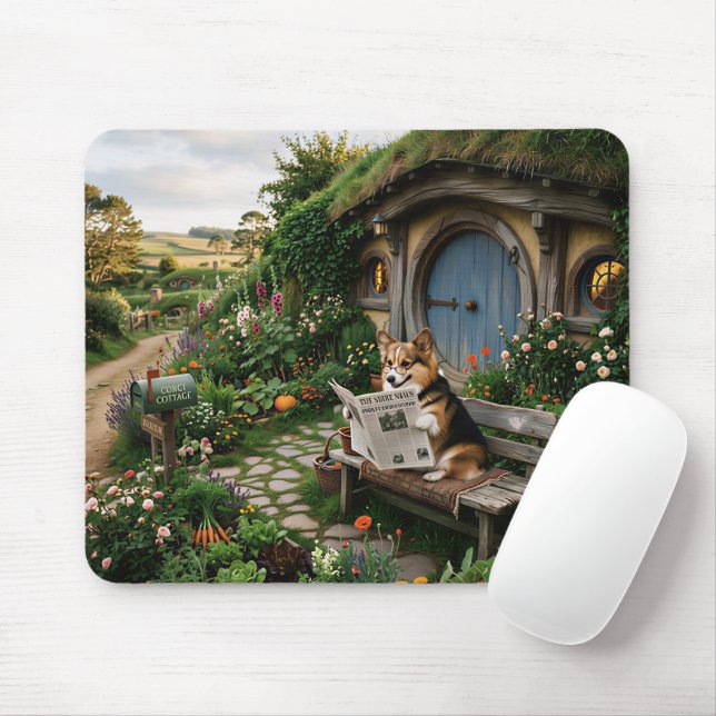Corgi reading local newspaper in garden mouse mat (With Mouse)