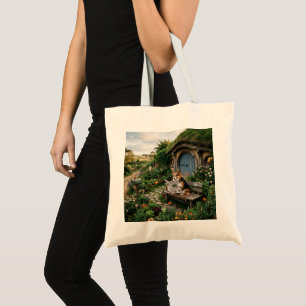 Corgi reading local newspaper in garden tote bag