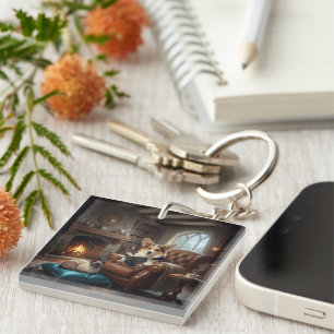 Corgi reads to cat key ring