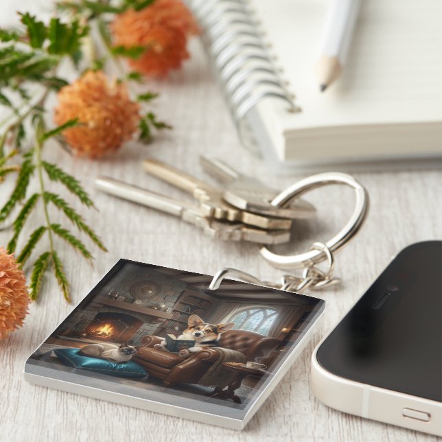 Corgi reads to cat key ring (Front Right)