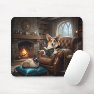 Corgi reads to cat mouse mat