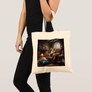 Corgi reads to cat tote bag