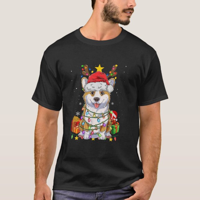 Corgi Reindeer Christmas Tree Lights Boys Men Corg T-Shirt (Front)