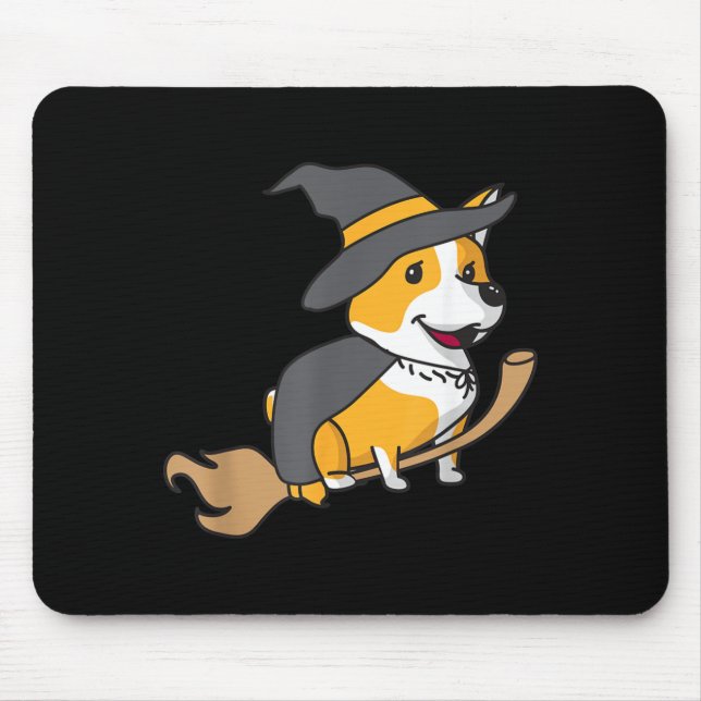 Corgi Riding Broomstick Funny Halloween Dog Mouse Mat (Front)