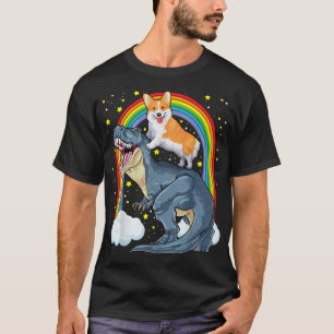 Corgi Riding Dinosaur T Rex Dog Funny Corgi Space  T-Shirt