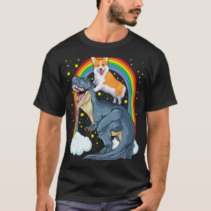 Corgi Riding Dinosaur T Rex Dog Funny Corgi Space T-Shirt