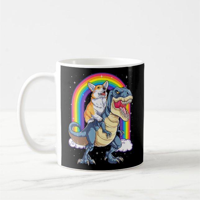 Corgi Riding Dinosaur T Rex Funny Space Galaxy Rai Coffee Mug (Left)