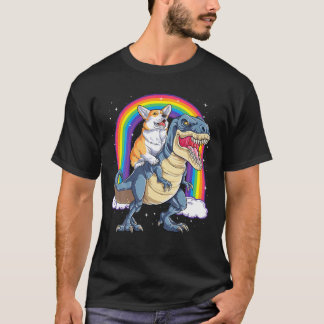 Corgi Riding Dinosaur T Rex Funny Space Galaxy Rai T-Shirt