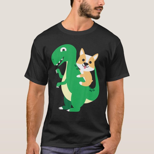 Corgi Riding Rex Cool Dinosaur Dino Dog Halloween T-Shirt (Front)