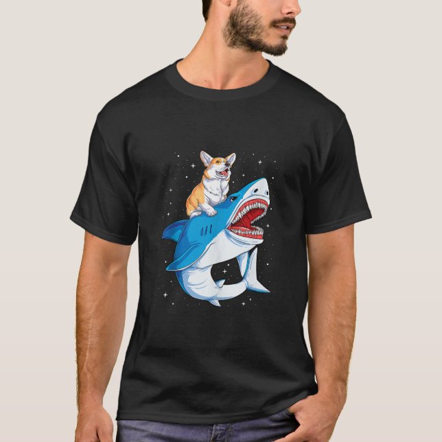 Corgi Riding Shark Jawsome Dog Lover Gifts Space G T-Shirt (Front)