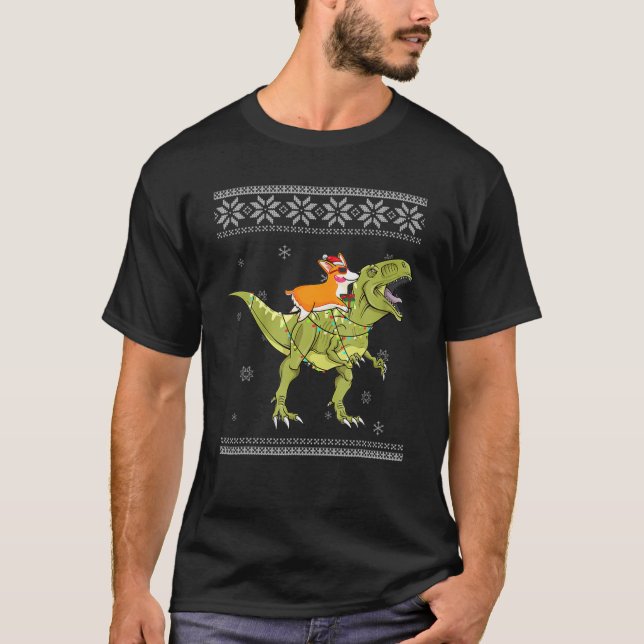 Corgi Riding T Rex Dinosaur Christmas Light Xmas G T-Shirt (Front)
