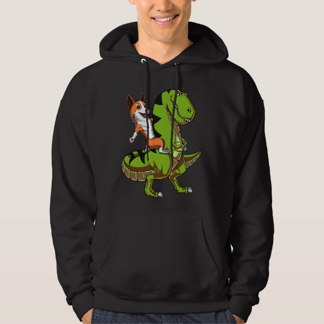 Corgi Riding T-Rex Dinosaur Funny Dog Hoodie (Front)