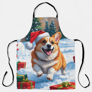 Corgi Running in Snow with Christmas Hat Apron