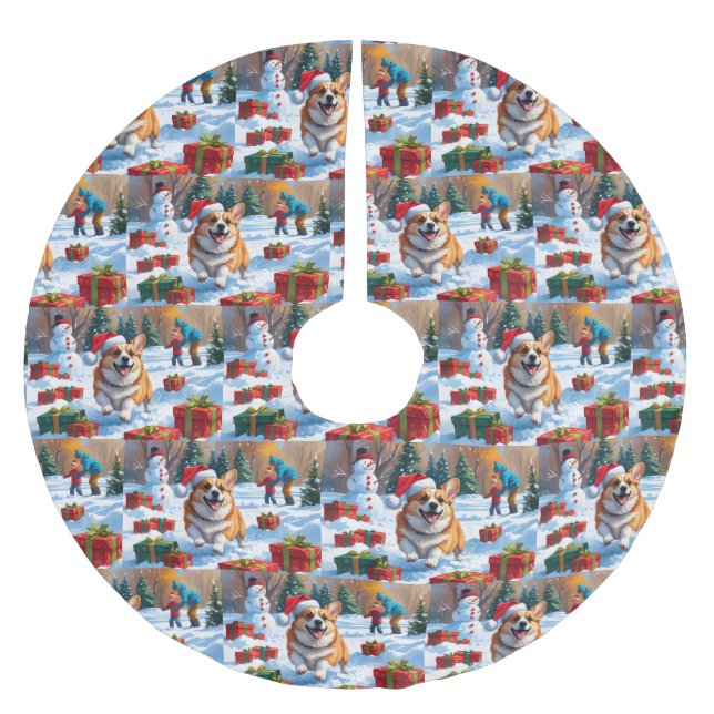 Corgi Running in Snow with Christmas Hat Brushed Polyester Tree Skirt (Front)