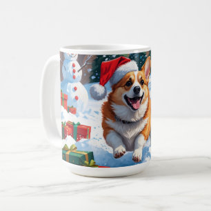 Corgi Running in Snow with Christmas Hat Coffee Mug