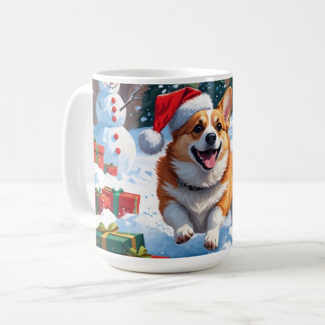 Corgi Running in Snow with Christmas Hat Coffee Mug (Front Left)